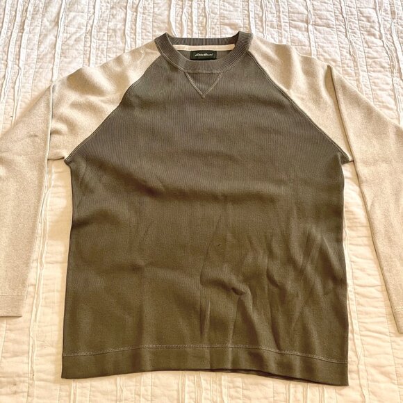 Eddie Bauer Men’s Raglan Crewneck Pullover Olive Green Tan 100% Cotton S - Picture 1 of 7